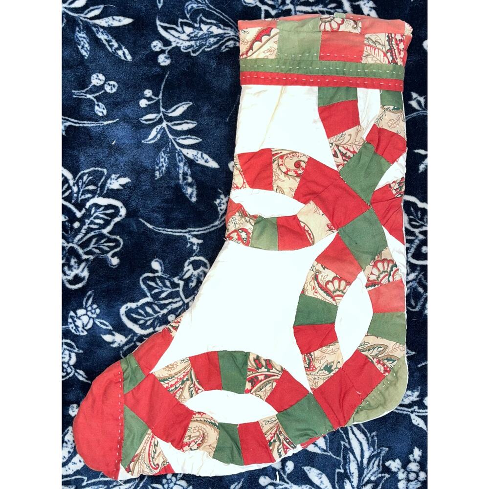 Handmade Quilted Christmas Stocking with a Double Wedding Ring Pattern